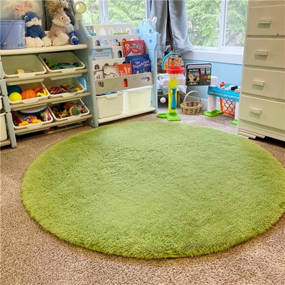 Grass Green Round Rug for Bedroom,Fluffy Circle Rug 4'X4' for Kids Room,Furry - Picture 6 of 7